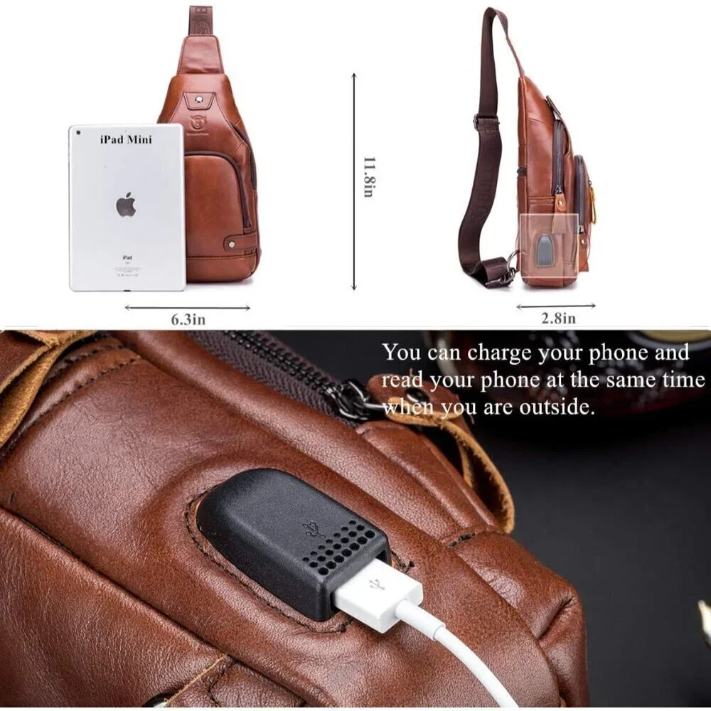 💫 Men Brown Leather Sling Bag Charging Port Multi-pocket Hiking Travel Daypack